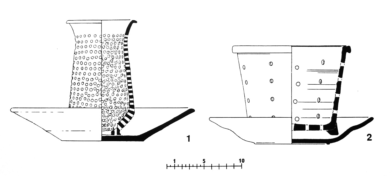 Faisselles harappéenne (1) et française du début du siècle(2), © Ph. Gouin, dessin extrait de Gouin Ph., Sources, principes et techniques de l'archéologie des laitages. In: Terre cuite et société, 1994, fig. 1. 
