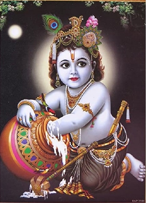Image populaire montrant Krishna volant du beurre dans une baratte munie d'un agitateur rotatif (baratton), source Internet