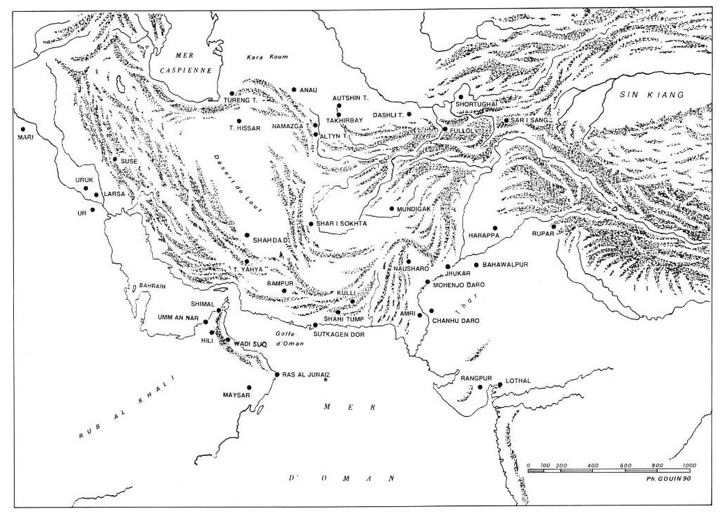 Carte des sites archéologiques de la vallée de l'Indus, © Ph. Gouin. Image extraite de Gouin Ph., Râpes, jarres et faisselles : la production et l'exportation des produits laitiers dans l'Indus du 3ème millénaire, Paléorient 1990, fig. 1.